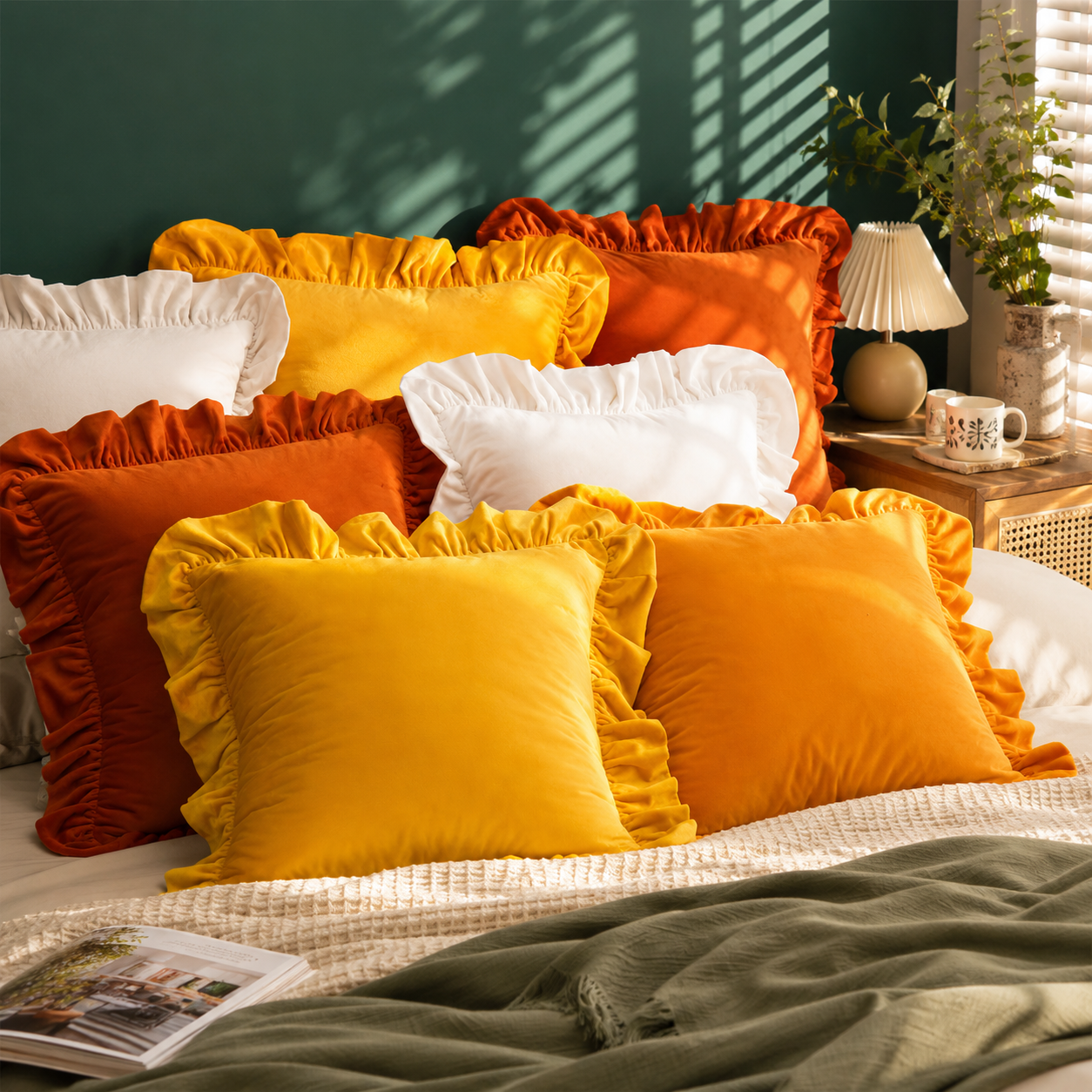 Ruffled Velvet Cushion Pillow Cover - Orange