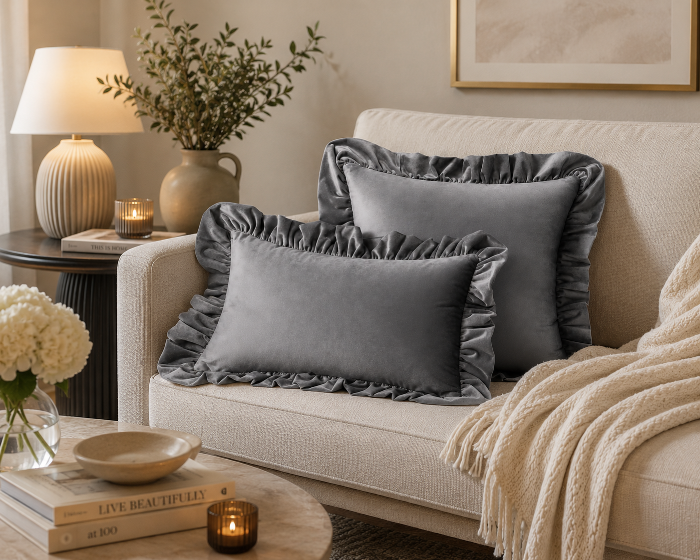 Ruffled Velvet Cushion Pillow Cover - Grey