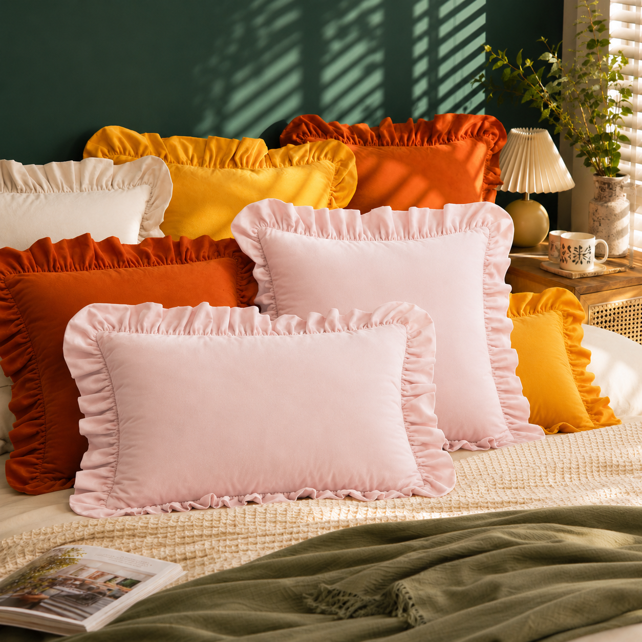 Ruffled Velvet Cushion Pillow Cover - Light Pink