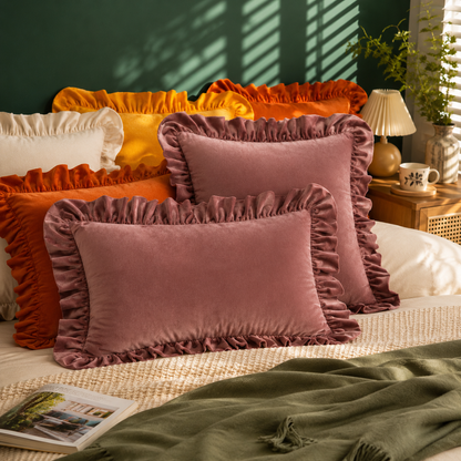 Ruffled Velvet Cushion Pillow Cover - Old Rose