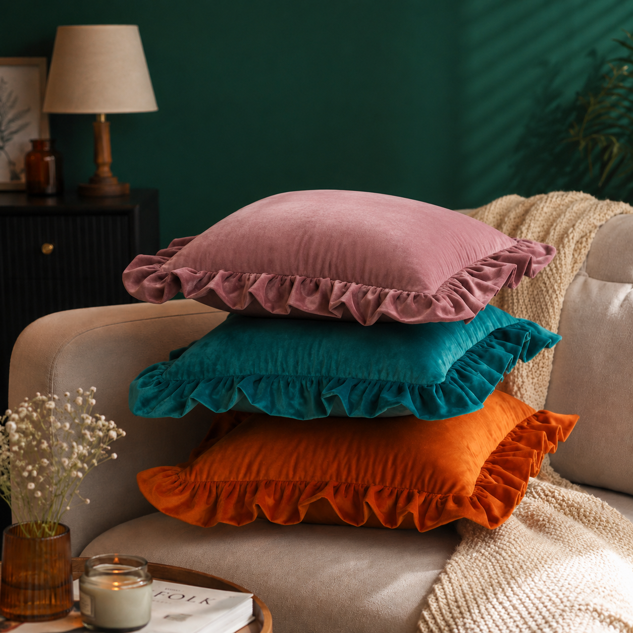 Ruffled Velvet Cushion Pillow Cover - Old Rose