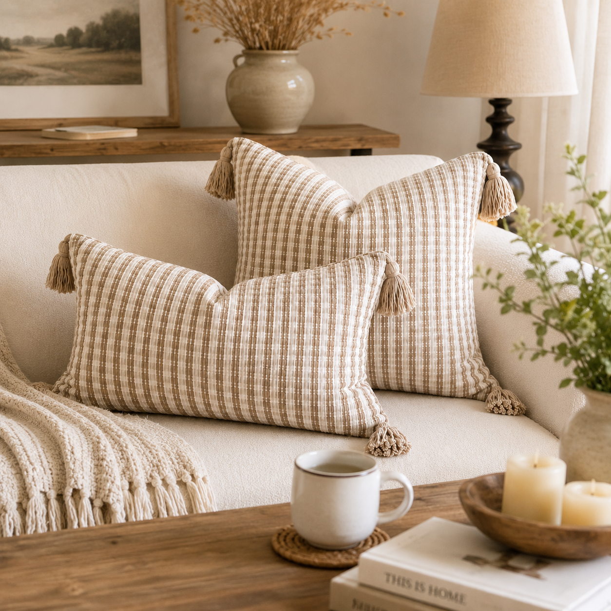 Retro Geometric Jacquard Pillow Cover - Beige