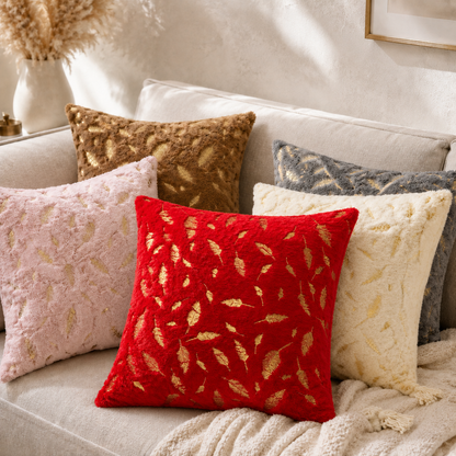 Plush Golden Fur Pillow Cover - Red