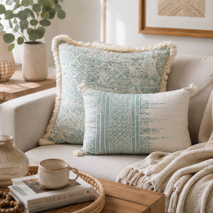 Green Tassel Vintage Pillow Cover - Green Damask
