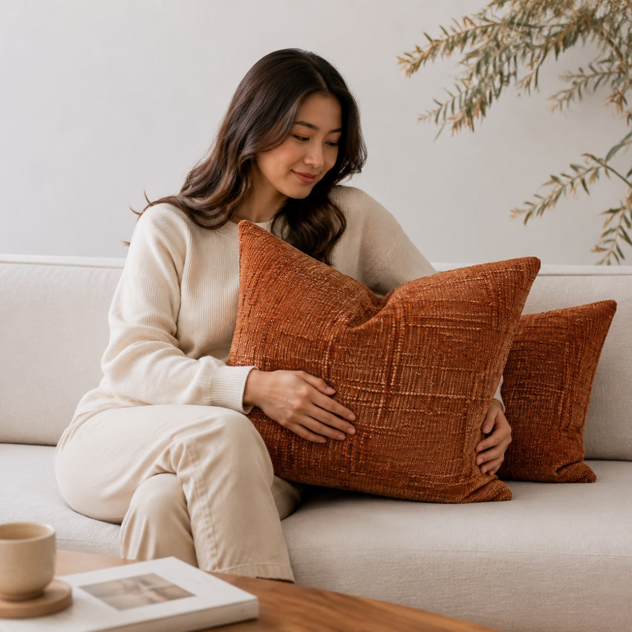Thick Textured Slubby Couch Pillow Covers -Orange