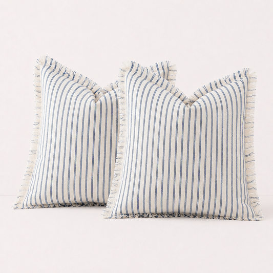 Farmhouse Striped Fringe Pillow Cover- Blue