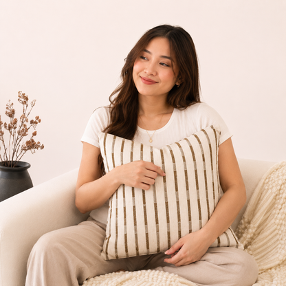 Neutral Farmhouse Throw Pillow Cover - Beige Stripe