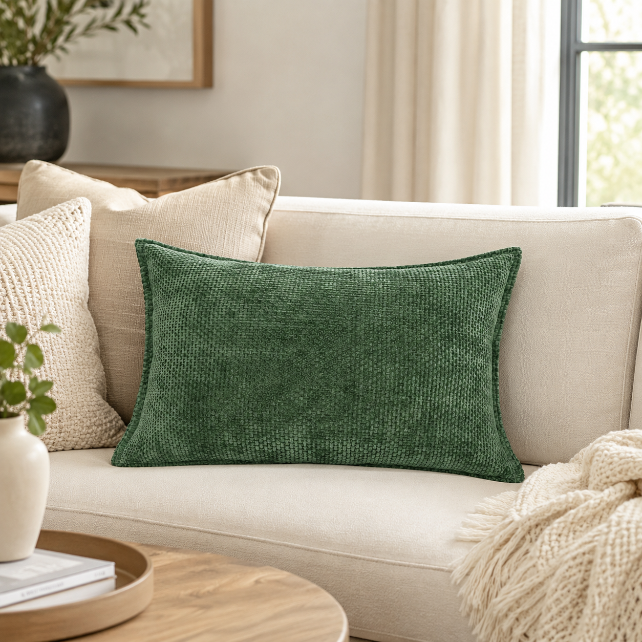 Luxury Chenille Throw Pillow Covers- Green