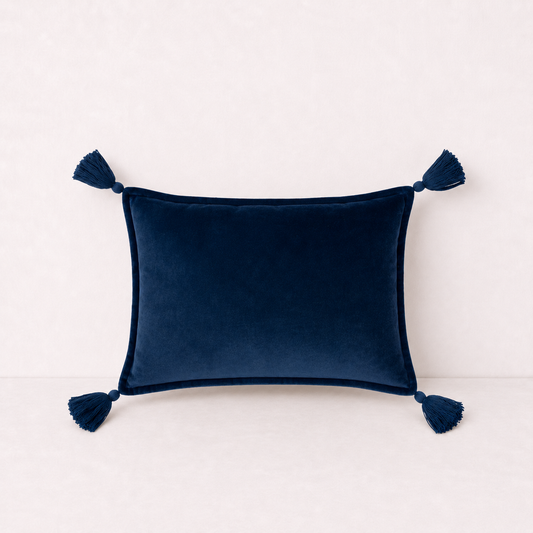 Velvet Tassel Lumbar Pillow Cover- Navy