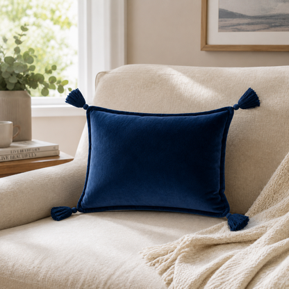Velvet Tassel Lumbar Pillow Cover- Navy