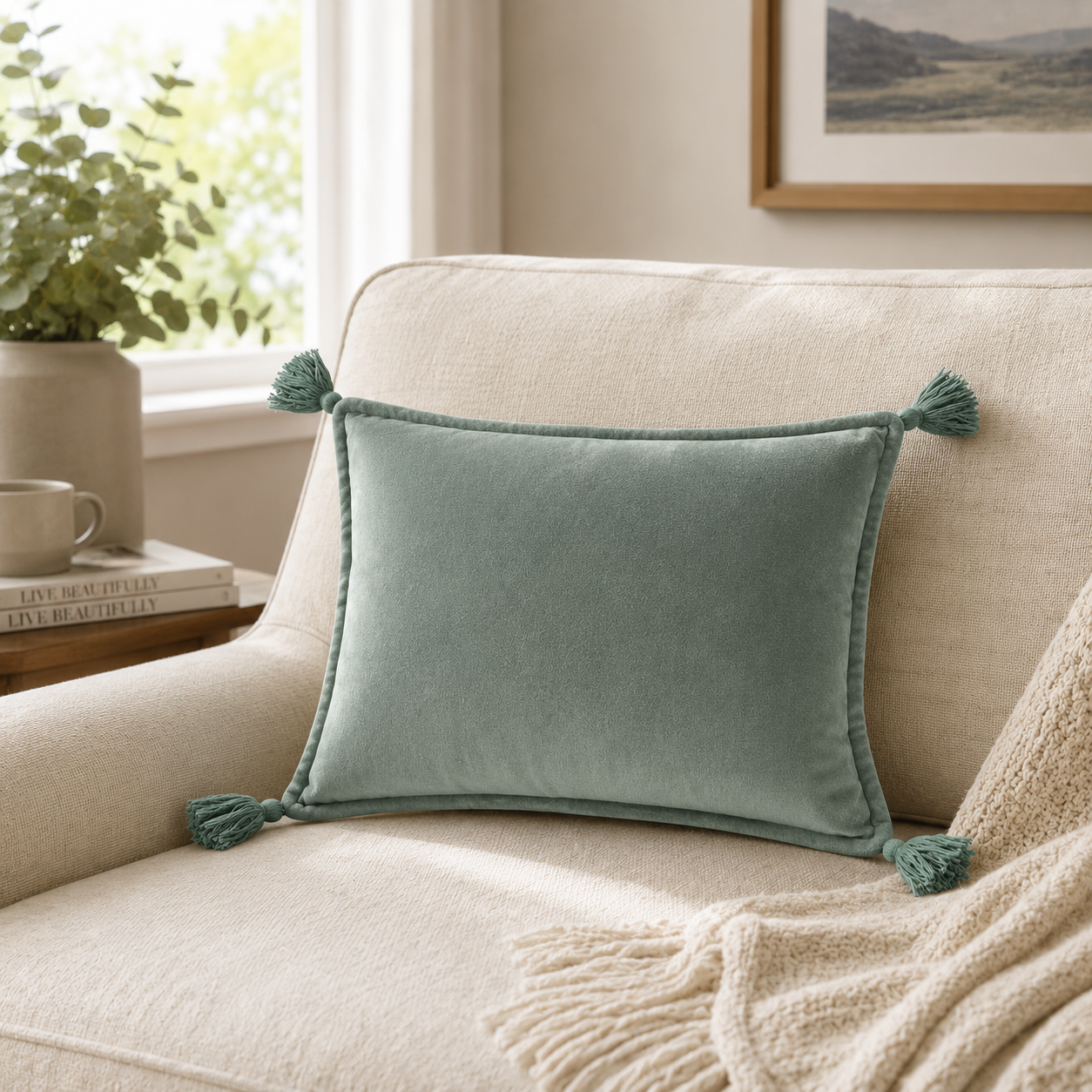 Velvet Tassel Lumbar Pillow Cover- Sage Green
