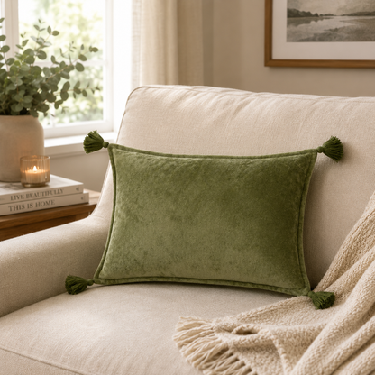 Velvet Tassel Lumbar Pillow Cover- Green