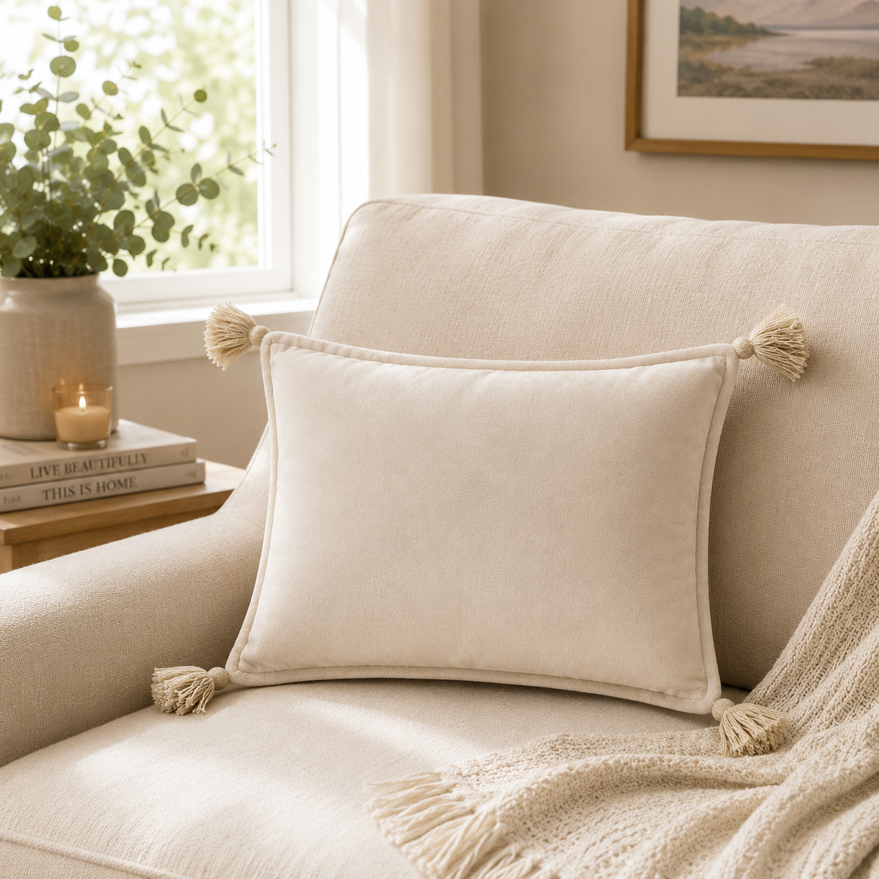Velvet Tassel Lumbar Pillow Cover- Ivory