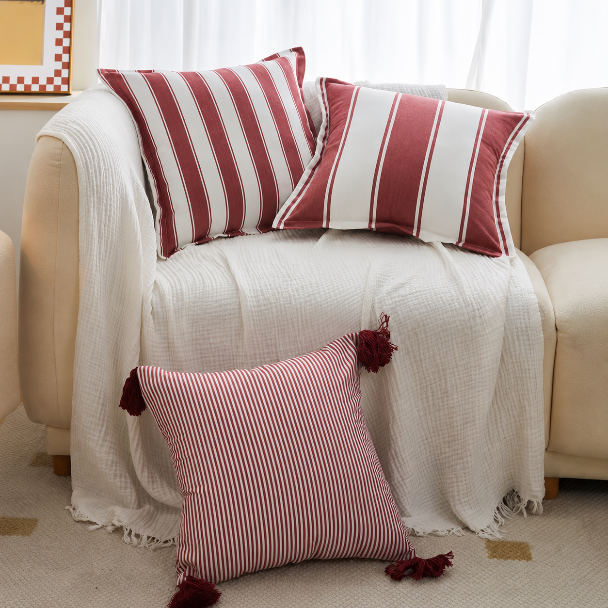 Checkered Tassel Velvet Pillow Cover- Fine Stripe Edge