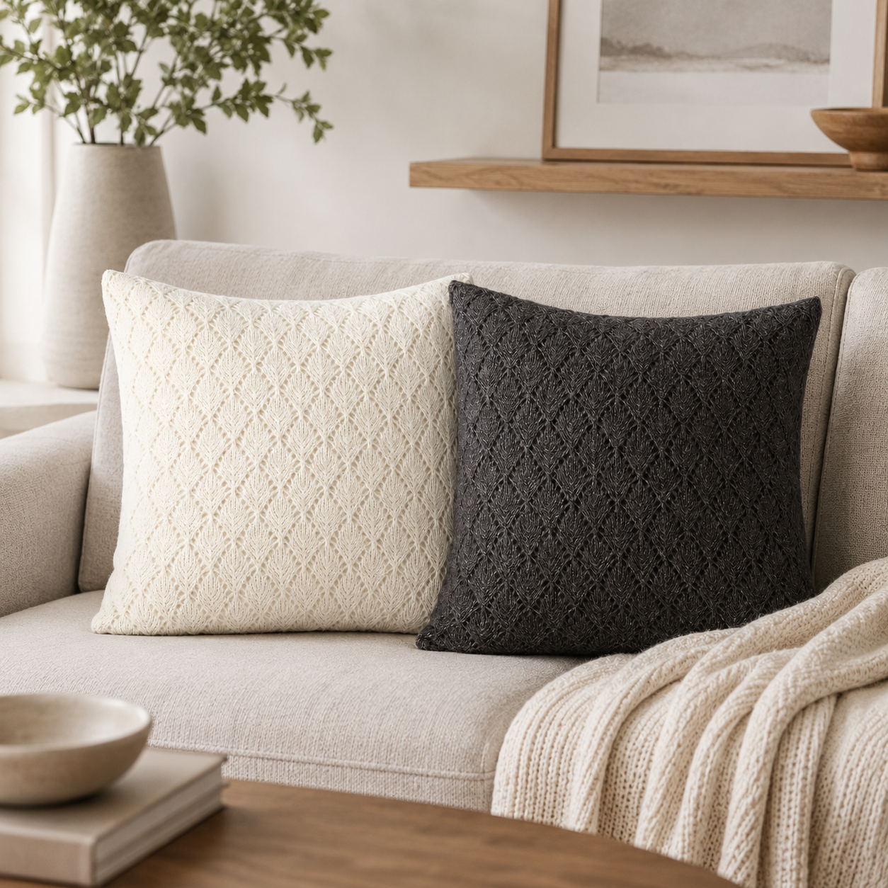 Diamond Pattern Knit Pillow Cover - White
