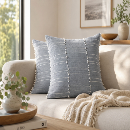 Cream Fringed Textured Decorative Pillow Cove- Grey