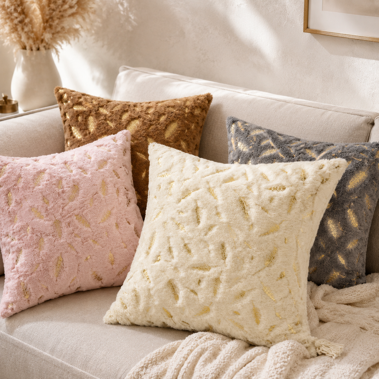 Plush Golden Fur Pillow Cover - Grey