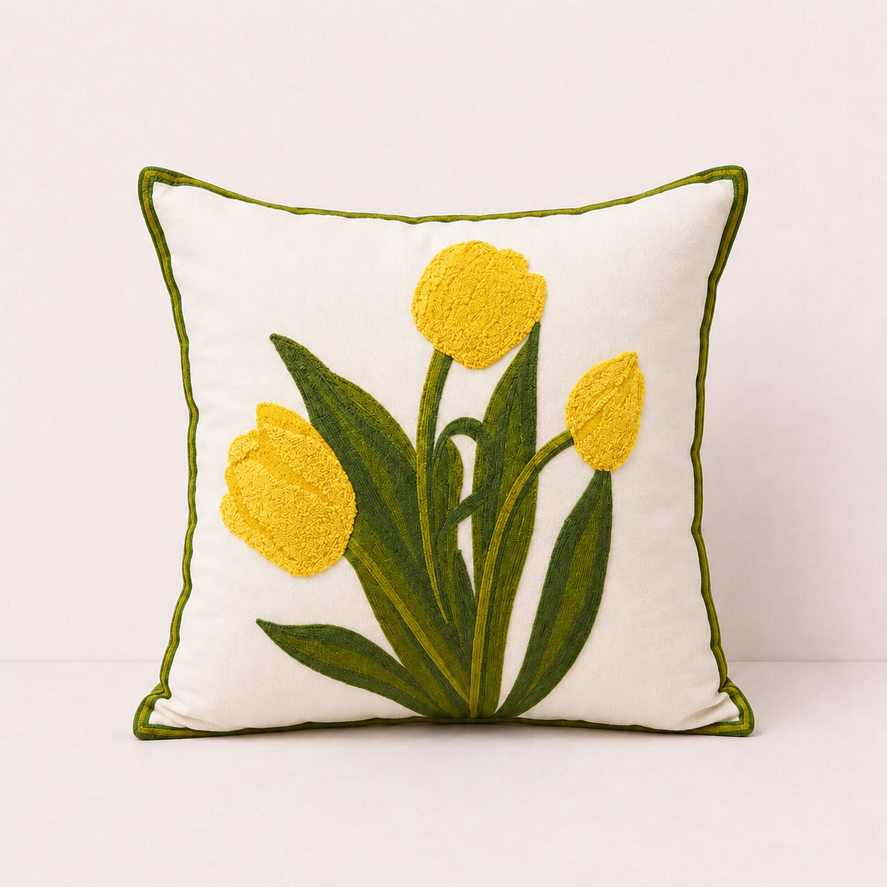 Embroidered Cotton Garden Pillow Cover - Yellow Tulip