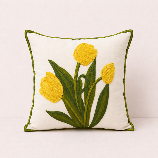 Embroidered Cotton Garden Pillow Cover - Yellow Tulip