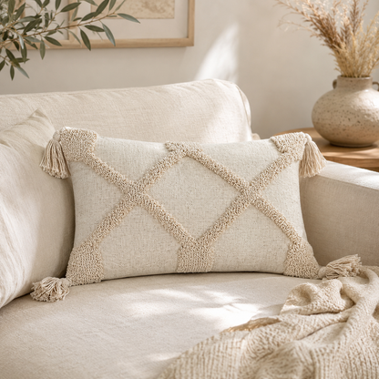 Cream Tufted Tassel Decorative Pillow Cover