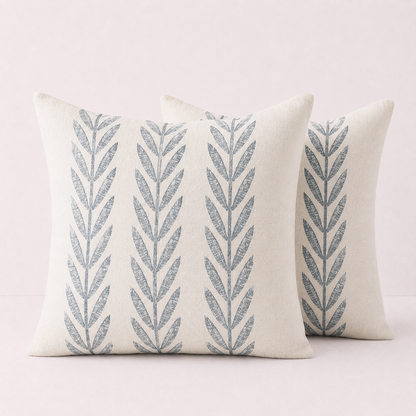 Mixed Beige Farmhouse LeavesThrow Pillow Cover - Dusty Blue