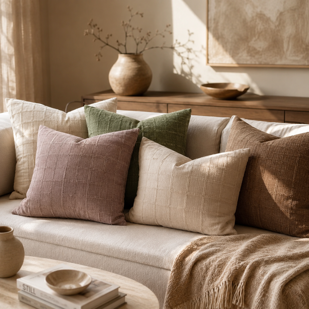 Boho Linen Square Pillow Cover-Beige