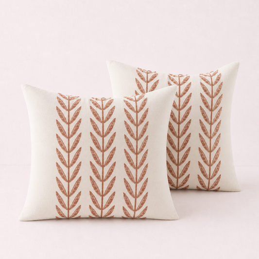 Mixed Beige Farmhouse LeavesThrow Pillow Cover - Terracota
