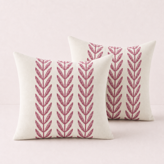 Mixed Beige Farmhouse LeavesThrow Pillow Cover - Burgundy