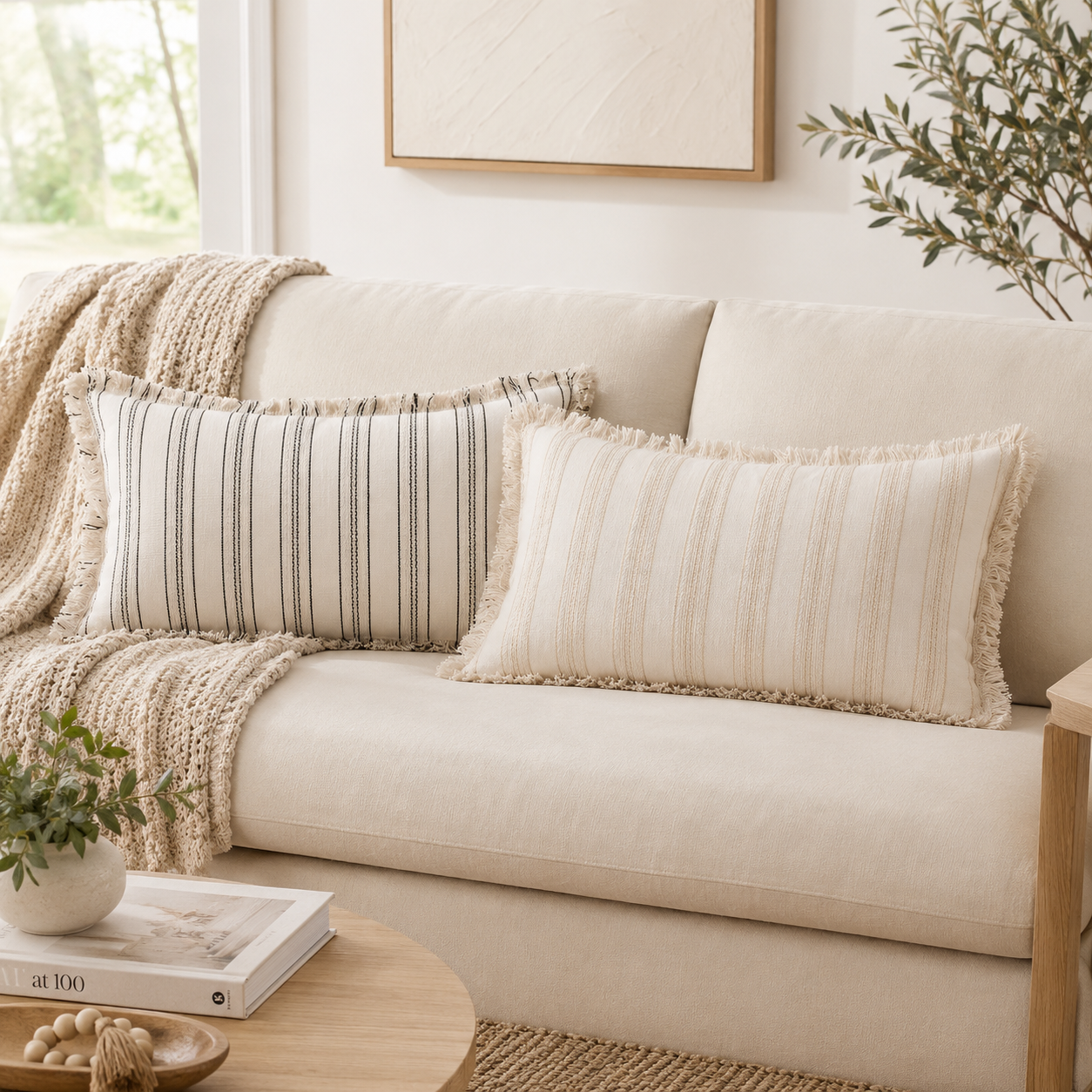 Cream Striped Fringe Lumbar Pillow Cover