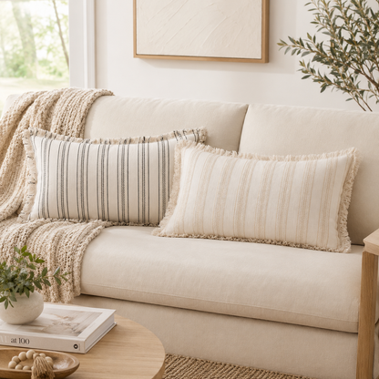 Cream Striped Fringe Lumbar Pillow Cover
