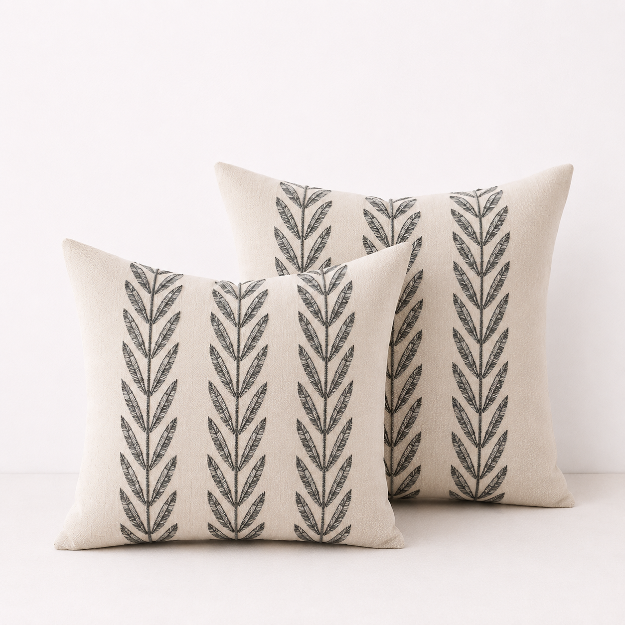 Mixed Beige Farmhouse LeavesThrow Pillow Cover - Black