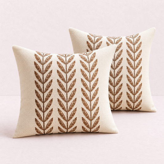 Mixed Beige Farmhouse LeavesThrow Pillow Cover - Chocolate