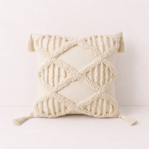 Cream Tufted Tassel Pillow Cover - Chevron Tassel