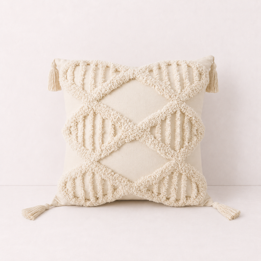 Cream Tufted Tassel Pillow Cover - Chevron Tassel