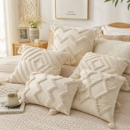 Cream Tufted Tassel Pillow Cover - Diamond