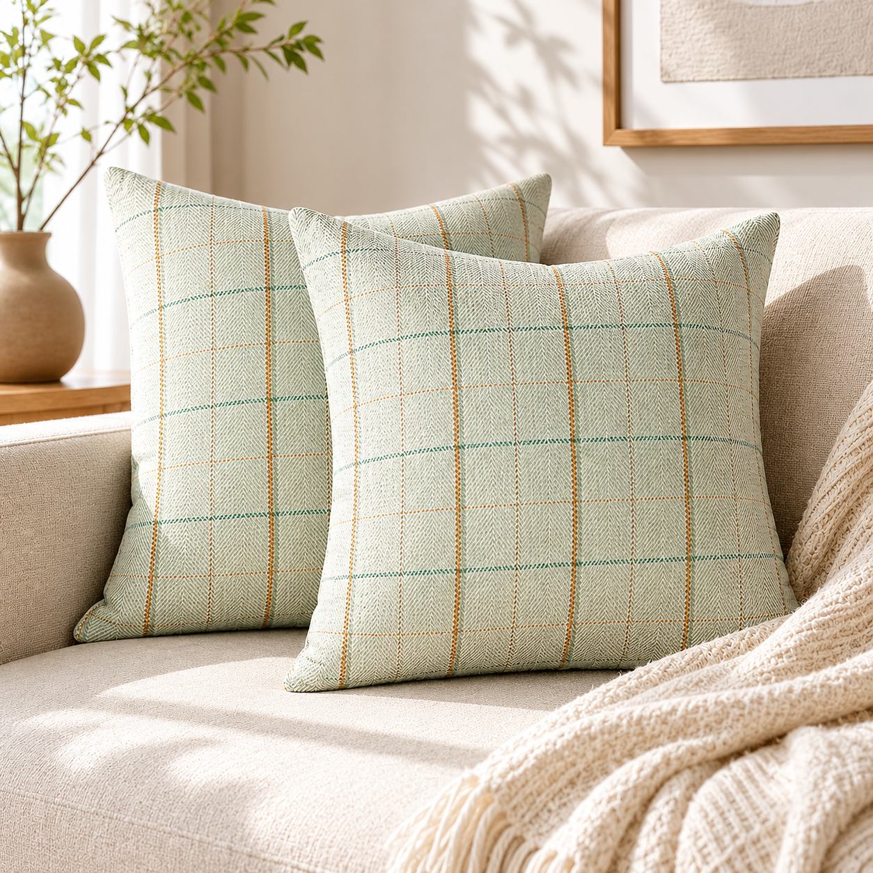 Windowpane Check Decorative Throw Pillow Cover- Green