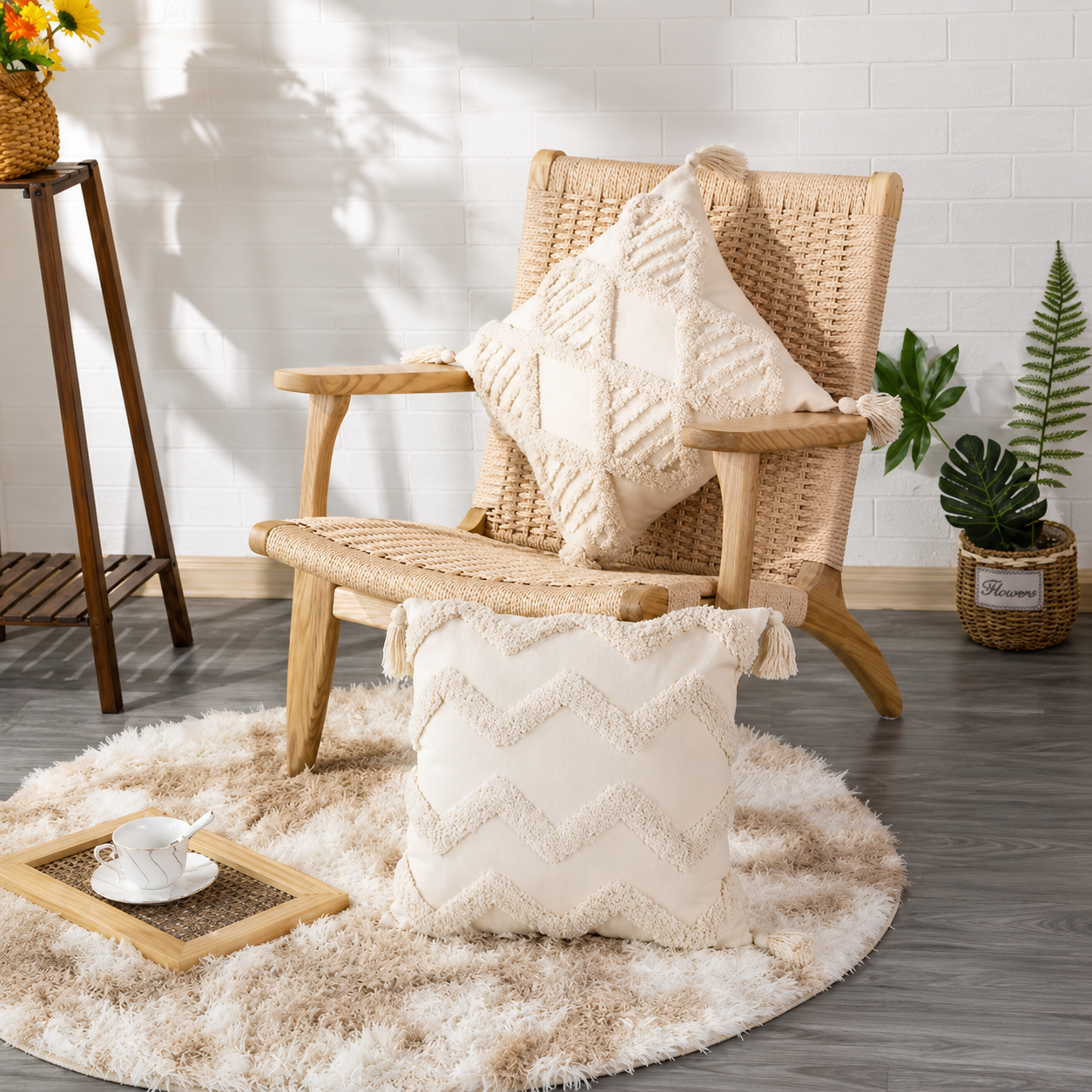 Cream Tufted Tassel Pillow Cover - Chevron Tassel