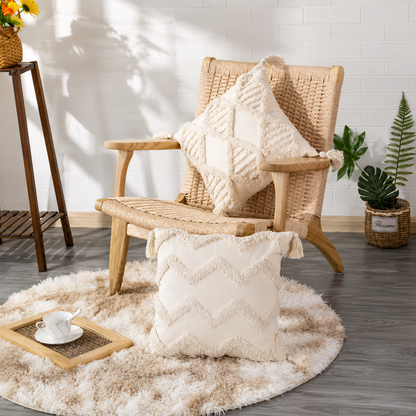 Cream Tufted Tassel Pillow Cover - Chevron Tassel