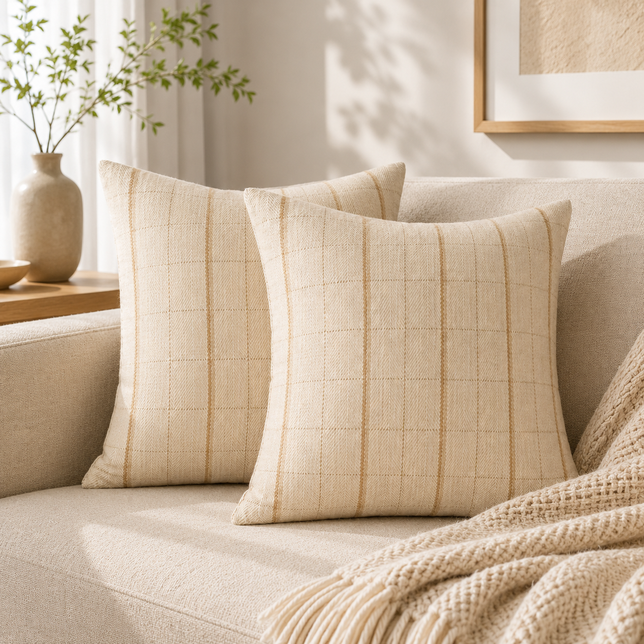 Windowpane Check Decorative Throw Pillow Cover- Beige