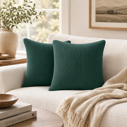 Soft Ribbed Knit Pillow Cover - Emerald Green