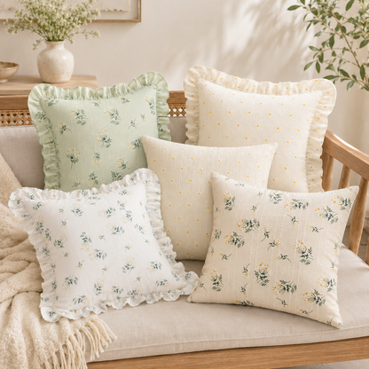 Korean Daisy Ruffle Pillow Cover - Green