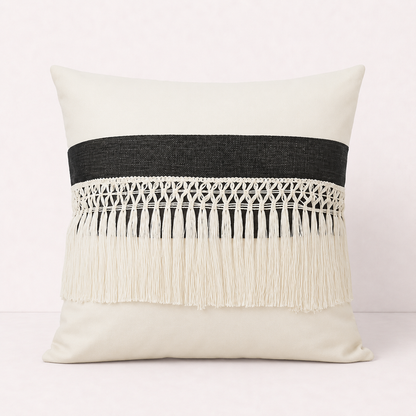 Driftwood Tassel Farmhouse Throw Pillow Cover - Black
