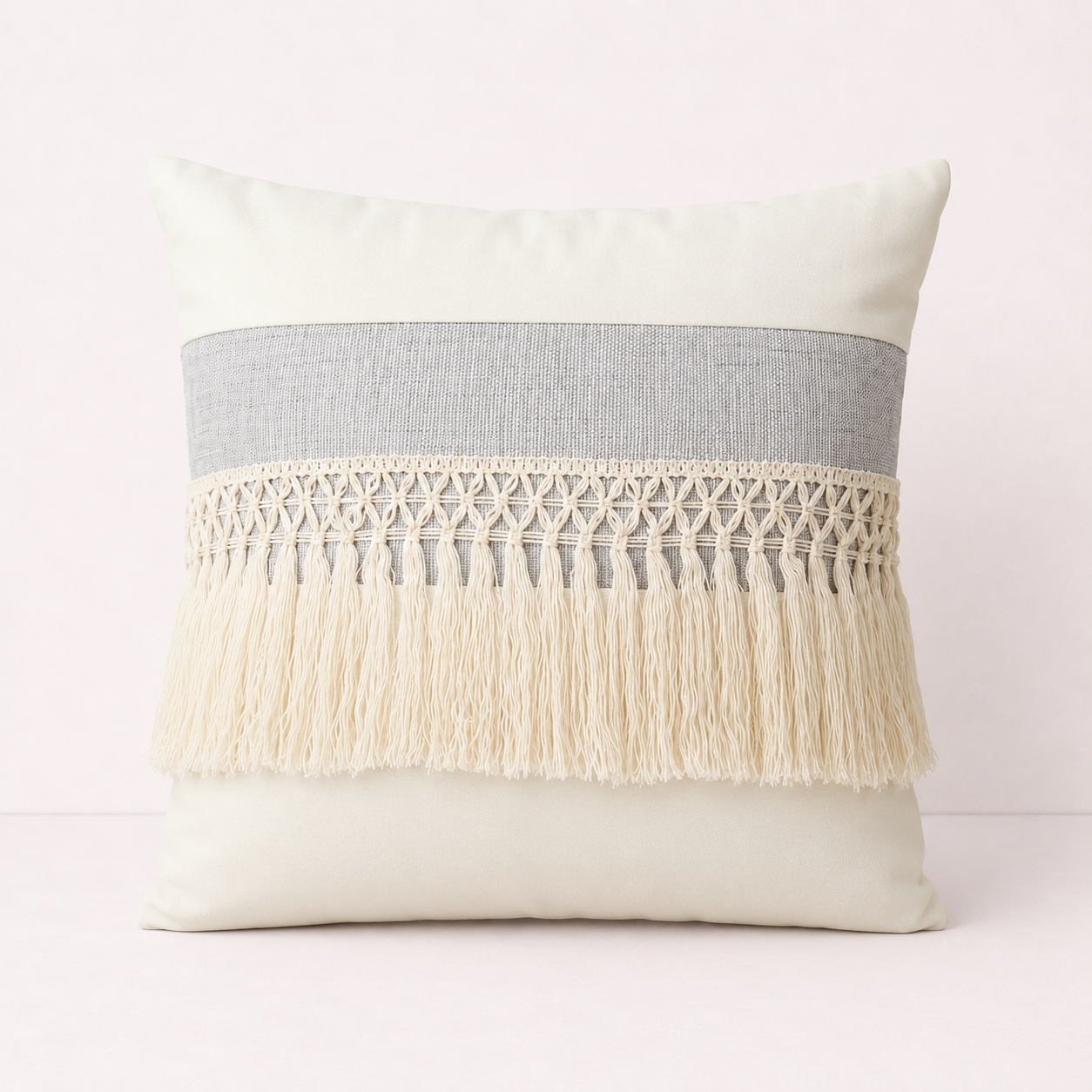 Driftwood Tassel Farmhouse Throw Pillow Cover - Light Gray