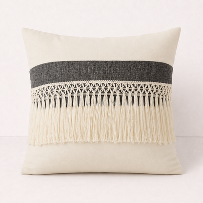 Driftwood Tassel Farmhouse Throw Pillow Cover - Dark Gray