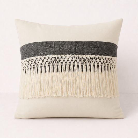 Driftwood Tassel Farmhouse Throw Pillow Cover - Dark Gray