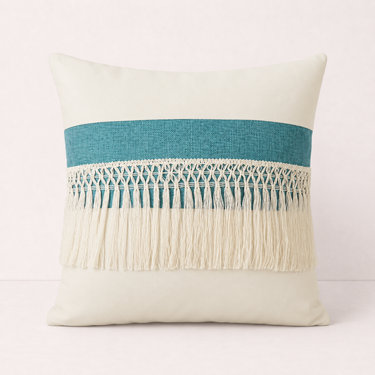 Driftwood Tassel Farmhouse Throw Pillow Cover - Blue