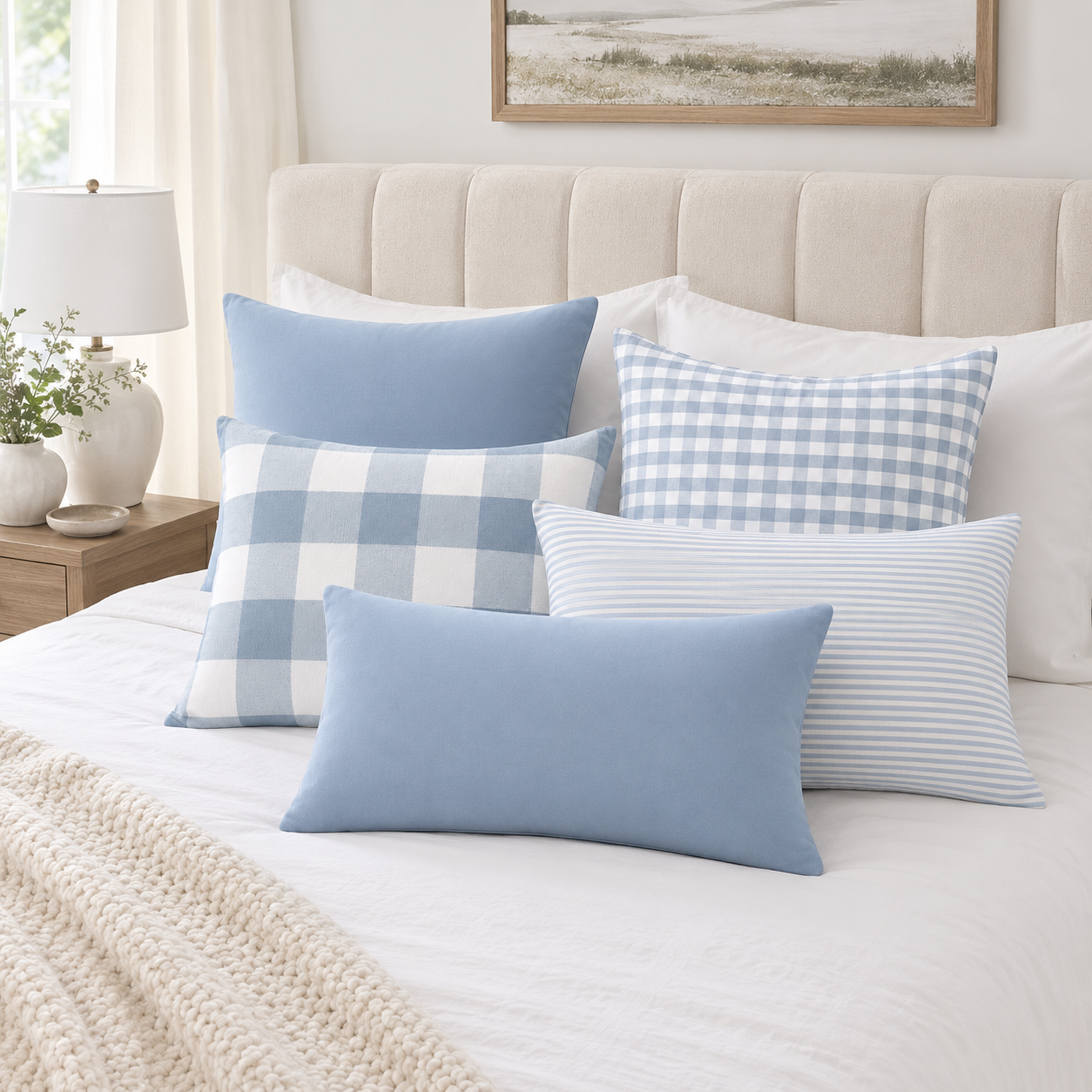 Plaid Canvas Polyester Pillow Cover - Blue