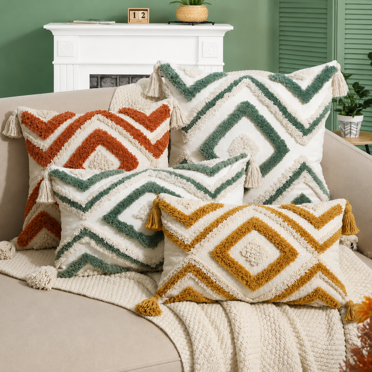Nordic Moroccan Tufted Pillow Cover - Green