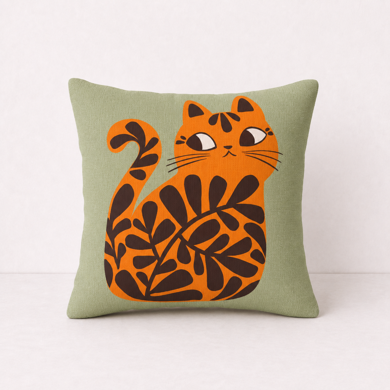 Cute Floral Cat Pillow Cover - Orange