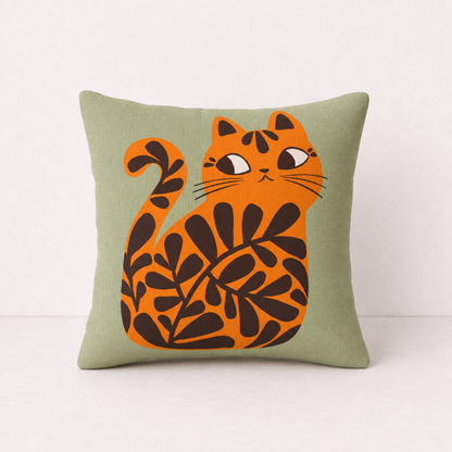 Cute Floral Cat Pillow Cover - Orange